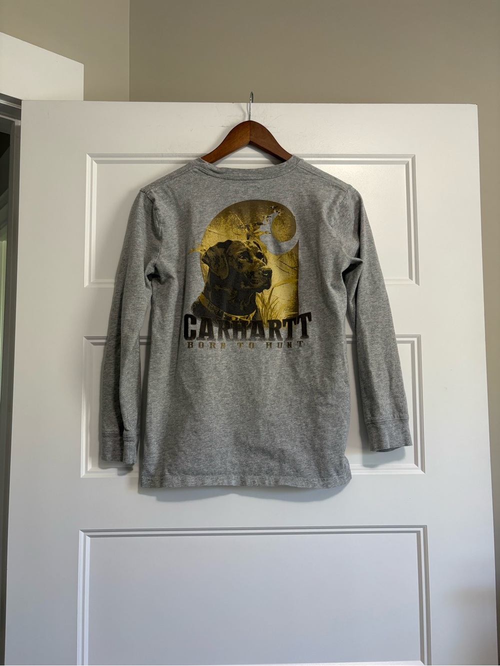 Carhartt Boys Grey Born To Hunt Black Lab Dog Print Long Sleeve Shirt Sz L 14-16